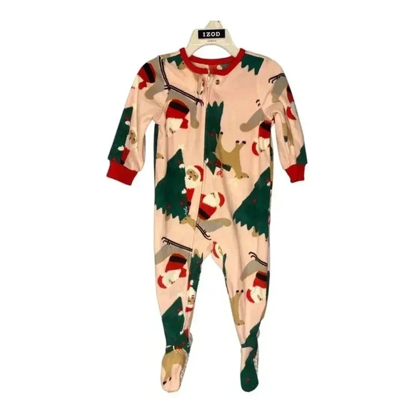 Carters Girls Pink Fleece Santa Footed Sleeper, 12 Months - Picture 1 of 4